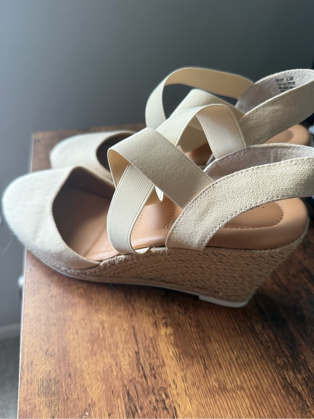 Me too Neutral Beige Espadrille Wedge Sandals with Elastic Cross Straps, new